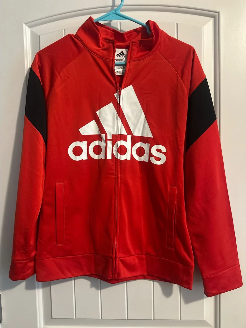 NWT Adidas Boys Vivid Red & Black 2-Piece Tricot Tracksuit Set Size L 14/16